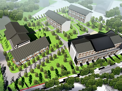 Mixed Style Building Complex With Traditional Modern Architecture Green Landscaping And Trees 3d model