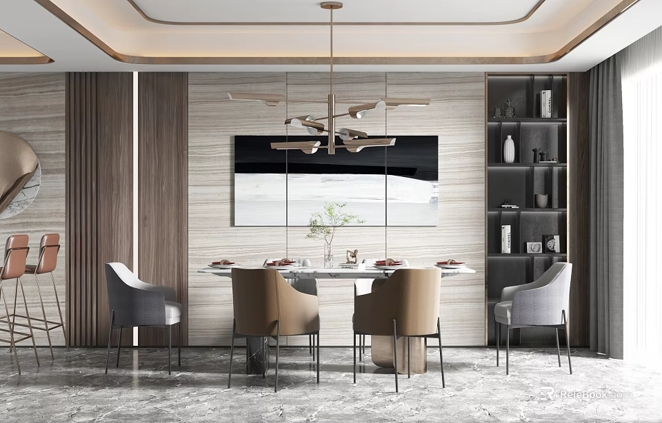 Modern Dining Table Set With Upholstered Chairs Hanging Light Abstract Wall Art And Tableware 3d model