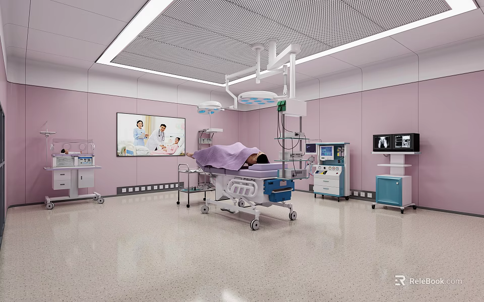 Medical Operating Room Interior With Pink Walls Surgical Lamp Table And Equipment 3d model 