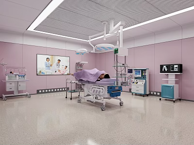 Medical Operating Room Interior With Pink Walls Surgical Lamp Table And Equipment 3d model