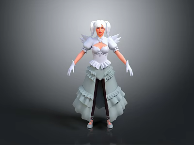 Woman With Pigtails Wearing White Top Winged Decoration White Gloves And Layered Gray Skirt 3d model