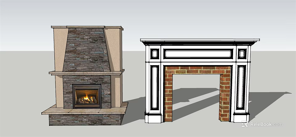 Stone Fireplace With Burning Fire And Brick Fireplace With White Frame Design 3d model