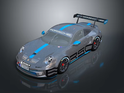 Porsche Race Car With Silver Gray Body Blue Stripes Rear Spoiler And Sporty Wheels 3d model