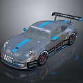 Porsche Race Car With Silver Gray Body Blue Stripes Rear Spoiler And Sporty Wheels