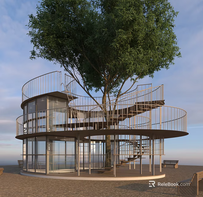 Unique Glass Building Featuring Spiral Staircase Around Large Tree And Metal Railings 3d model 