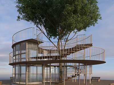 Unique Glass Building Featuring Spiral Staircase Around Large Tree And Metal Railings 3d model