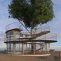 Unique Glass Building Featuring Spiral Staircase Around Large Tree And Metal Railings