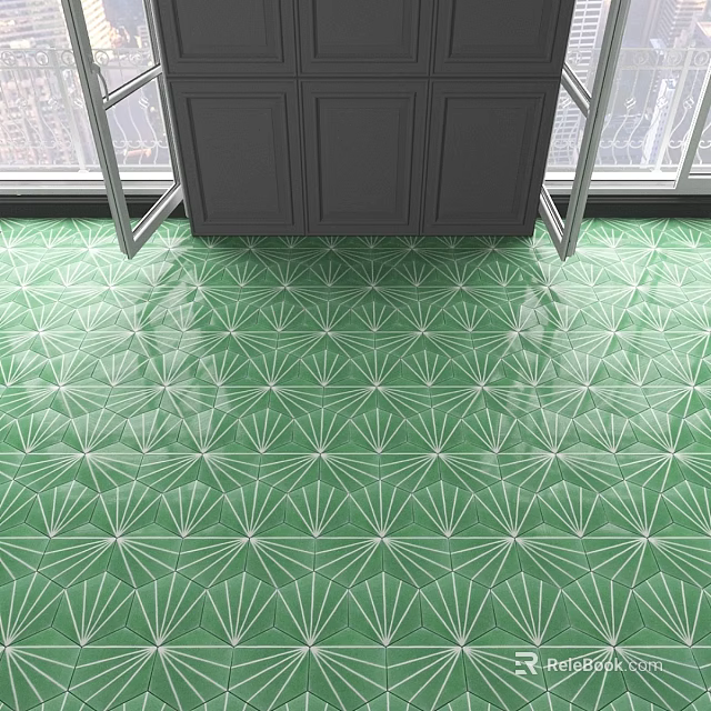 Green Geometric Patterned Floor Tiles with Dark Cabinets and Large Windows 3d model