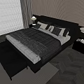 Modern Bedroom Interior With Double Bed Leather Headboard Herringbone Floor And Bedside Lamps