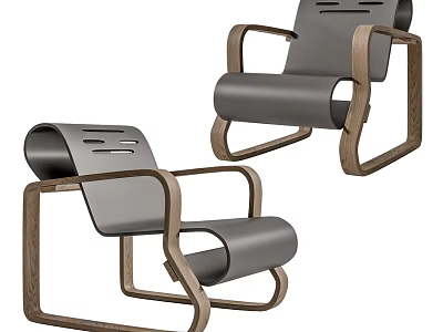 Modern Armchair With Wooden Frame Gray Curved Seat And Unique Backrest Design 3d model