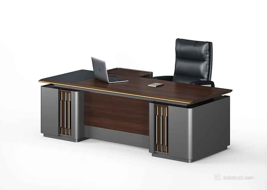 Modern Office Desk With Wooden Top Gray Frame Laptop And Black Leather Chair 3d model 