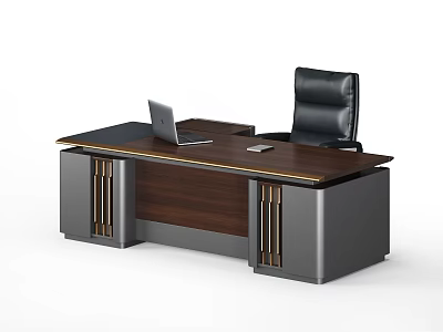 Modern Office Desk With Wooden Top Gray Frame Laptop And Black Leather Chair 3d model