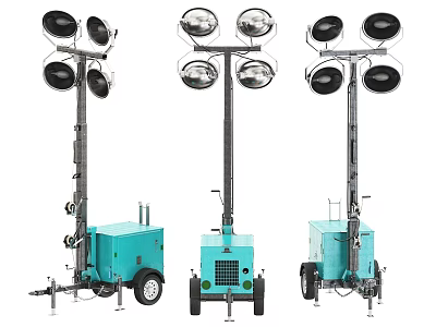 Industrial Equipment Mobile Lighting Towers with Multiple Lamps Portable Blue Base and Wheels 3d model