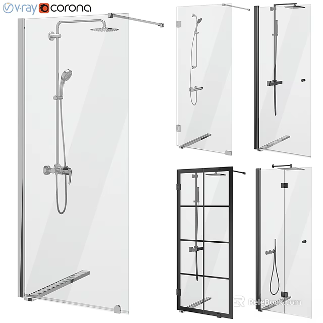 Shower Sauna Interior Design With Glass Partition And Metal Frame Shower Head 3d model 
