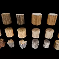 Various Wooden Tree Stump Stools With Different Natural Textures And Styles