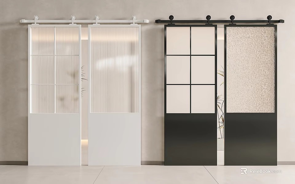 Modern Sliding Doors With White Black Frames Grid And Vertical Strip Glass 3d model 