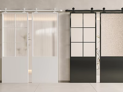 Modern Sliding Doors With White Black Frames Grid And Vertical Strip Glass 3d model