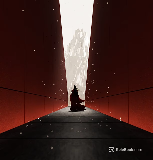 Long Hotel Corridor with Red Walls Light at End and Robed Figure Silhouette Scattered Spots 3d model 