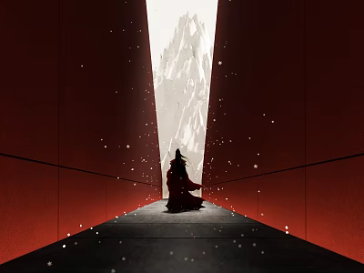 Long Hotel Corridor with Red Walls Light at End and Robed Figure Silhouette Scattered Spots 3d model