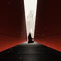 Long Hotel Corridor with Red Walls Light at End and Robed Figure Silhouette Scattered Spots