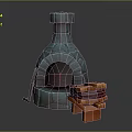 Medieval Stone Stove Structure With Glowing Red Fire And Wooden Bench