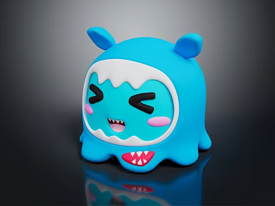 Cute Blue Cartoon Monster Game Movie Character With White Head Ears Pink Blush Red Teeth 3d model