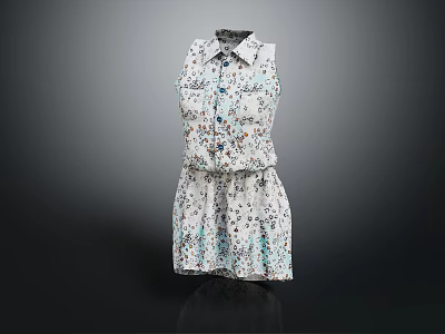 Sleeveless White Floral Pattern Dress With Collared Neckline And Cinched Waist 3d model