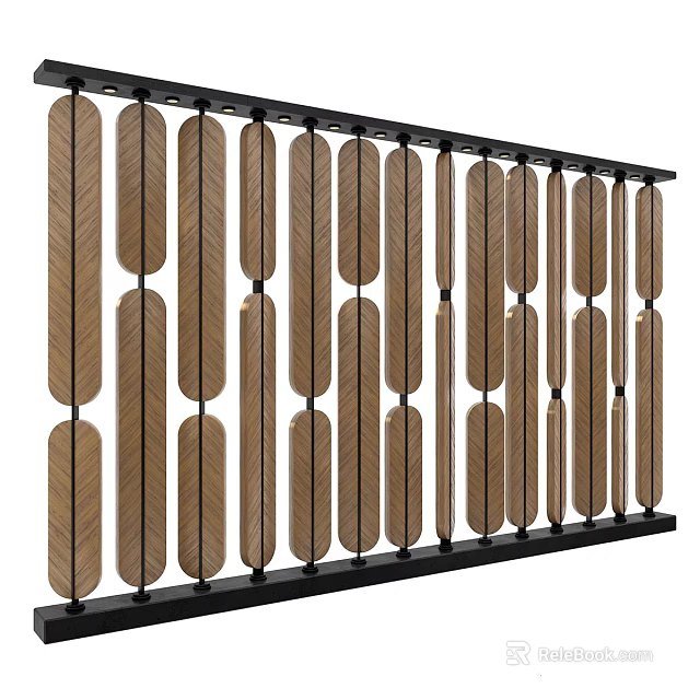 Vertical Wooden Feather Shaped Slats With Black Frame Decorative Screen 3d model