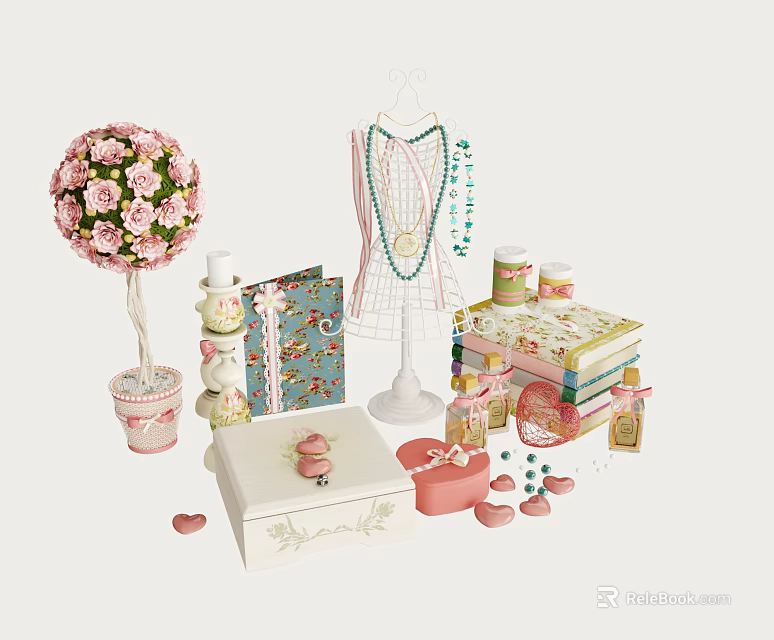 Beautiful Floral Decorative Ornament Set With Pink Flower Tree Jewelry Stand Boxes And Heart Accents 3d model 