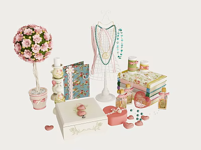 Beautiful Floral Decorative Ornament Set With Pink Flower Tree Jewelry Stand Boxes And Heart Accents 3d model