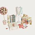 Beautiful Floral Decorative Ornament Set With Pink Flower Tree Jewelry Stand Boxes And Heart Accents
