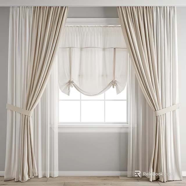 Elegant Beige Curtains With Valance And Tiebacks For Window Decoration 3d model 