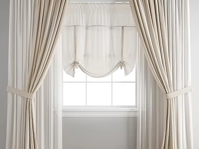 Elegant Beige Curtains With Valance And Tiebacks For Window Decoration 3d model