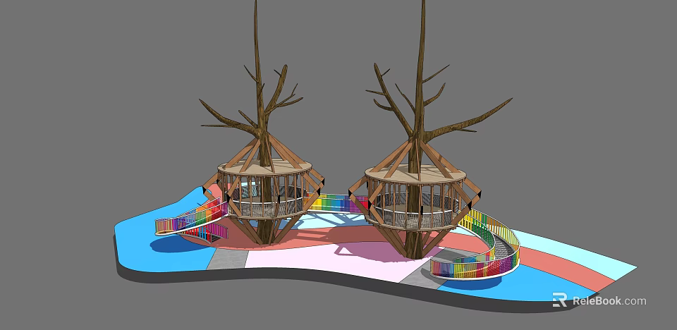 Outdoor Treehouses with Tree Trunks Colorful Spiral Slides Platforms and Playground Areas 3d model 