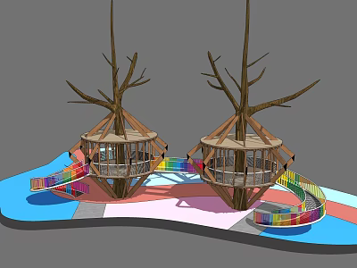 Outdoor Treehouses with Tree Trunks Colorful Spiral Slides Platforms and Playground Areas 3d model