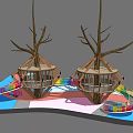 Outdoor Treehouses with Tree Trunks Colorful Spiral Slides Platforms and Playground Areas