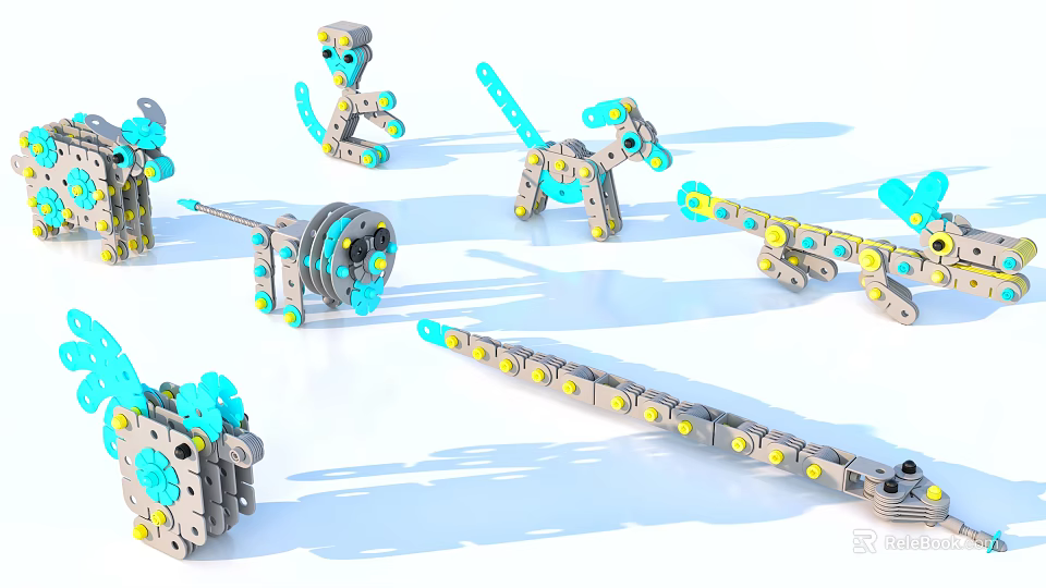 Creative Silver and Blue Building Blocks Form Animal and Mechanical Structures with Wheels 3d model