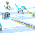 Creative Silver and Blue Building Blocks Form Animal and Mechanical Structures with Wheels 3d model