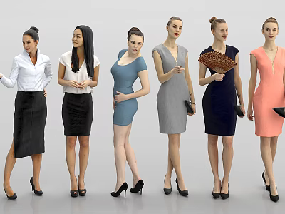 Multiple Women In Various Dresses And High Heels With Different Poses And Accessories 3d model
