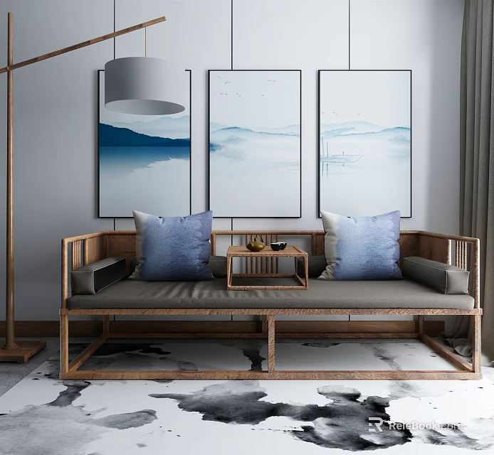 Traditional Chinese Wooden Daybed With Blue Pillows Small Tea Table Landscape Paintings And Floor Lamp 3d model 