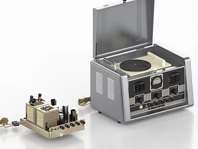 Modern Headphone Audio System With Retro Record Player And Amplifier Components 3d model