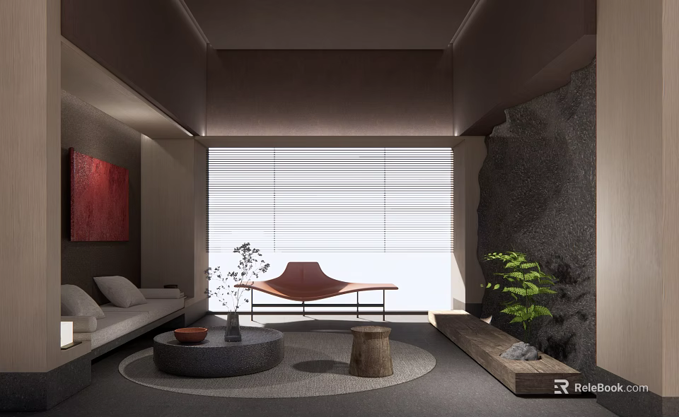 Hotel Public Lounge Area Japanese Style With Sofa Armchair Plant And Stone Decorative Elements 3d model 
