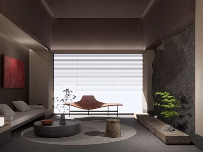 Hotel Public Lounge Area Japanese Style With Sofa Armchair Plant And Stone Decorative Elements 3d model