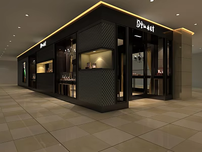 Modern Black Shopping Mall Store With Glass Showcases And Displayed Merchandise 3d model