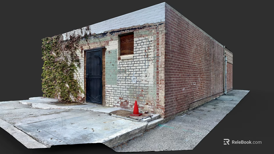 Concrete Floor Tiles Outside Red Brick Building With Black Door Green Vines Red Traffic Cone 3d model 