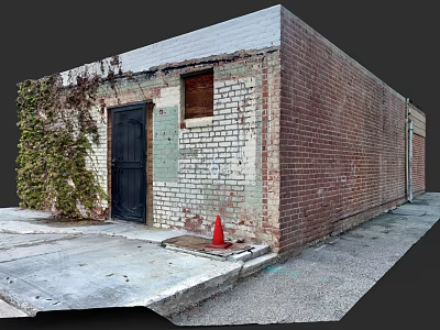 Concrete Floor Tiles Outside Red Brick Building With Black Door Green Vines Red Traffic Cone 3d model