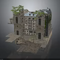 Detailed Ruined Building Structure With Green Plants Balconies And Stone Slabs