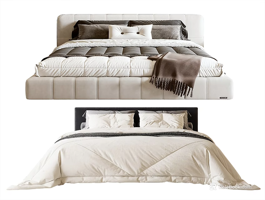 Modern Double Bed With Cozy Linen Bedding Decorative Pillows And Soft Blanket 3d model 
