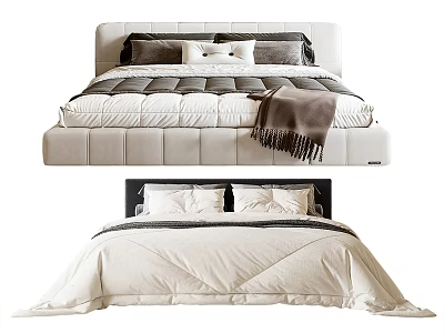 Modern Double Bed With Cozy Linen Bedding Decorative Pillows And Soft Blanket 3d model