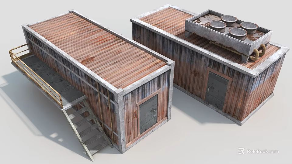 Rusted Industrial Container Buildings With Wooden Roof Top Metal Equipment And Metal Staircase 3d model 